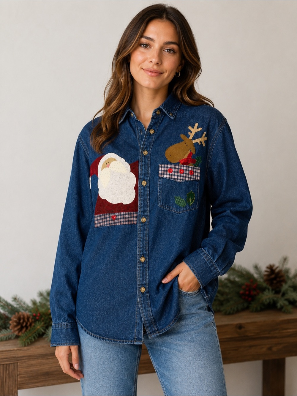 Denim Button Up W Christmas Appliqués Boys L Kitschy Vintage Granny Chic Holiday